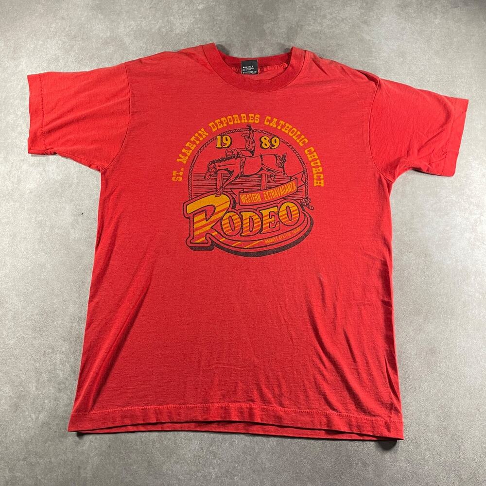 80s 1989 Rodeo Western Rodeo T-Shirt Western Extravaganza Red Size XL Kacey TX